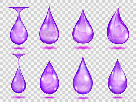 Set of transparent drops in purple colors. Transparency only in vector formatのイラスト素材