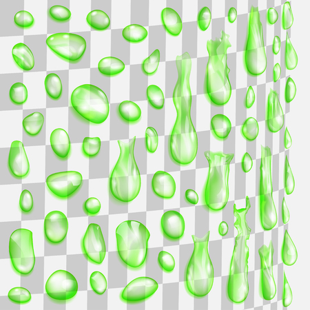 Set of green transparent drops flowing along a cylindrical surface. Drops of different shapes isolated on transparent background. Transparency only in vector formatのイラスト素材