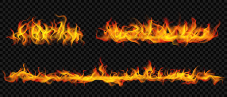 Set of horizontal long fire flame on transparent background. For used on dark backgrounds. Transparency only in vector formatのイラスト素材