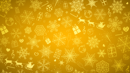 Christmas background of big and small snowflakes and various Christmas symbols, white on goldenのイラスト素材