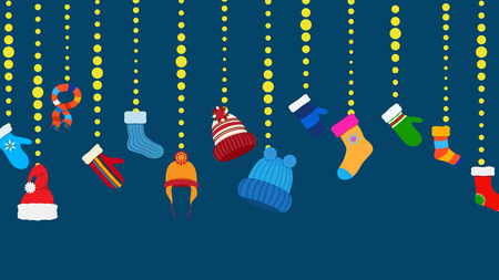 Set of Christmas warm winter clothes in flat style hanging on ropes of ballsのイラスト素材