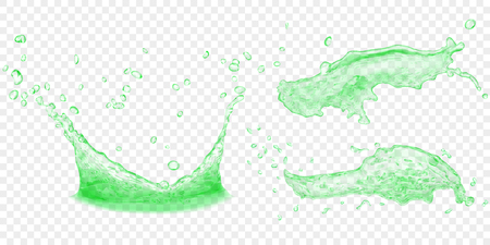 Translucent water crown and splashes with drops in green colors, isolated on transparent background. Transparency only in vector fileのイラスト素材