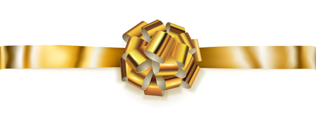 Beautiful big horizontal bow made of golden shiny ribbon with shadow on white backgroundのイラスト素材