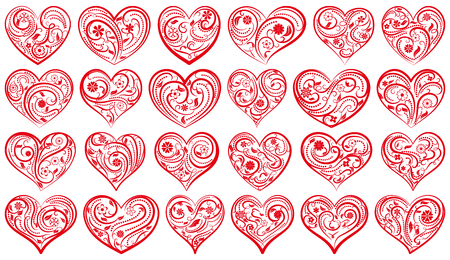 Set of big hearts with ornament of curls, flowers and leaves.のイラスト素材