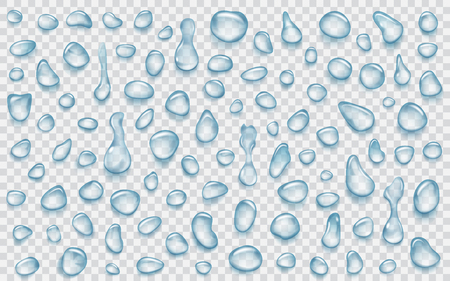 Set of light blue translucent water drops of different shapes with shadows, isolated on transparent background. Transparency only in vector formatのイラスト素材