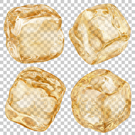 Set of realistic translucent ice cubes in amber color on transparent background. Transparency only in vector format.のイラスト素材