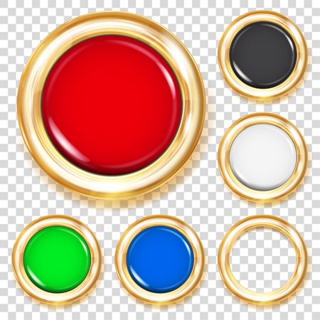 Set of big plastic buttons in various colors with golden metallic borderのイラスト素材