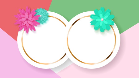 Background of two white circle frames with golden strips and colored paper flowersのイラスト素材