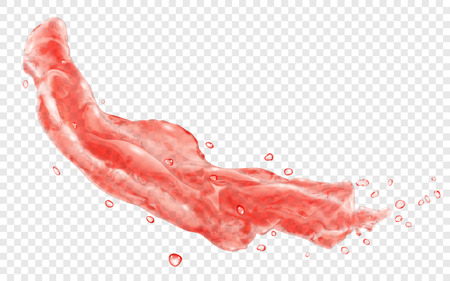 Translucent splash or jet of water with drops in red colors, isolated on transparent background. Transparency only in vector fileのイラスト素材