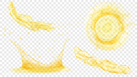 Top view and side view of translucent water crowns with drops and two splashes or jets in yellow colors, isolated on transparent background. Transparency only in vector formatのイラスト素材