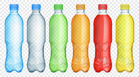 Set of multicolored translucent plastic bottles filled with light blue, gray, green, orange, red and yellow juice or water, isolated on transparent background. Transparency only in vector formatのイラスト素材
