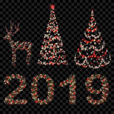 Set of Christmas trees, digits 2019 and deer made of defocused red and white fairy lights with bokeh effectsのイラスト素材