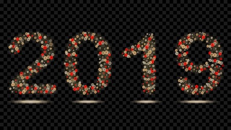 Digits 2019 of made of defocused Christmas red and white fairy lights with bokeh effectsのイラスト素材