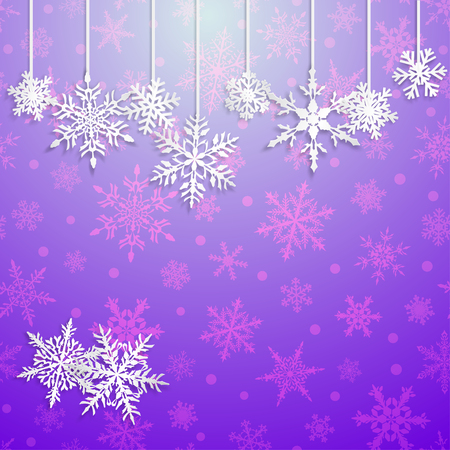 Christmas illustration with white hanging snowflakes on light purple backgroundのイラスト素材