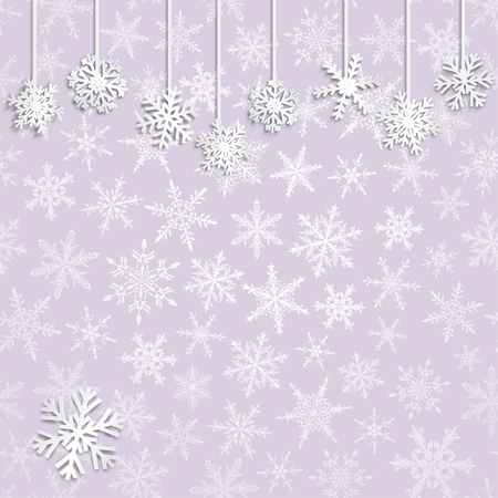 Christmas illustration with white hanging snowflakes on light purple backgroundのイラスト素材
