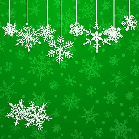 Christmas illustration with white hanging snowflakes on green backgroundのイラスト素材