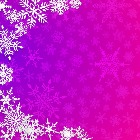 Christmas illustration with semicircle of big white snowflakes with shadows on purple backgroundのイラスト素材