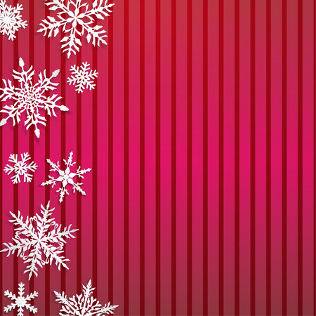 Christmas illustration with big white snowflakes with shadows on striped red backgroundのイラスト素材