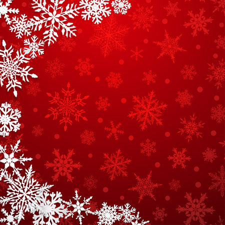Christmas illustration with semicircle of big white snowflakes with shadows on red backgroundのイラスト素材