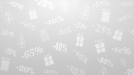Background on discounts and special offers, made of inscriptions and gift boxes, in white and gray colorsのイラスト素材