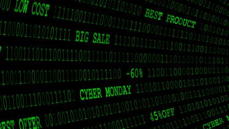 Cyber monday background of zeros, ones and inscriptions in dark green colorsのイラスト素材