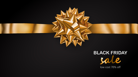 Golden bow with horizontal ribbon with shadow and inscription Black Friday Sale on black backgroundのイラスト素材