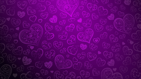 Background of big and small hearts with ornament of curls and flowers, in purple colorsのイラスト素材