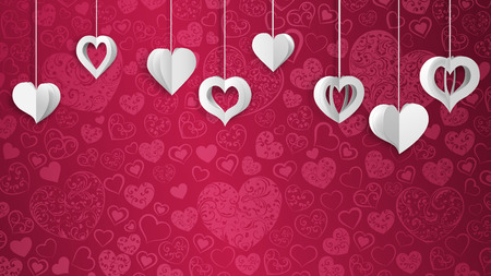 Background with hanging paper volume hearts, white on pinkのイラスト素材