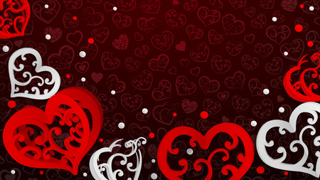 Background with paper volume hearts with curls and confetti, red and white on vinousのイラスト素材