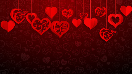 Background with hanging paper volume hearts with curls, red on vinousのイラスト素材