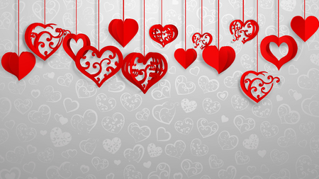 Background with hanging paper volume hearts with curls, red on grayのイラスト素材