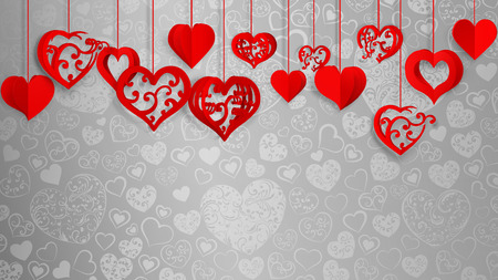 Background with hanging paper volume hearts with curls, red on grayのイラスト素材