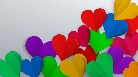 Background with many small colored paper volume hearts on whiteのイラスト素材