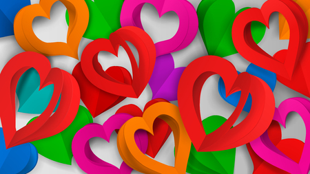 Background with many colored paper volume hearts with holes on whiteのイラスト素材