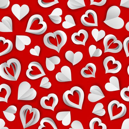 Seamless pattern of many paper volume hearts with holes and without, white on redのイラスト素材