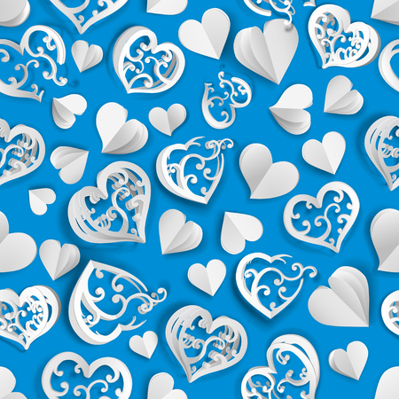Seamless pattern of many paper volume hearts with holes and without, white on light blueのイラスト素材