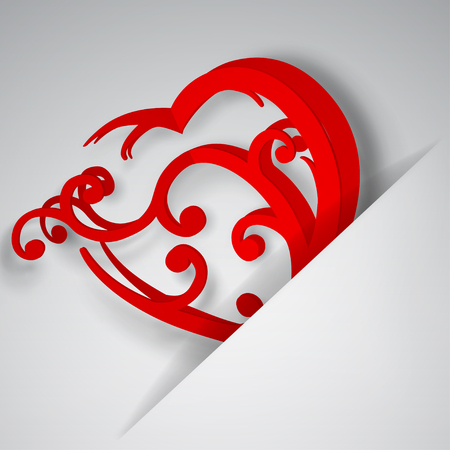 Big red heart with curls inserted into a cutout in a sheet of white paperのイラスト素材