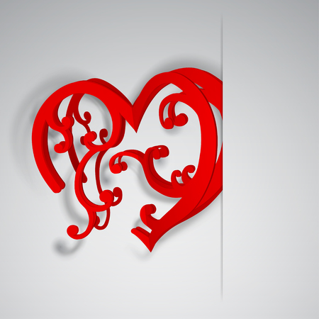 Big red heart with curls inserted into a cutout in a sheet of white paperのイラスト素材