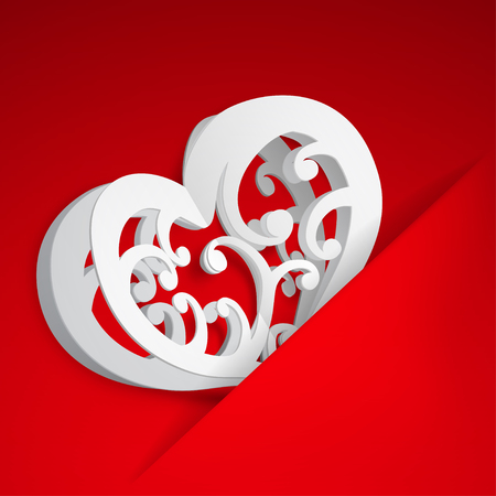 Big white heart with curls inserted into a cutout in a sheet of red paperのイラスト素材