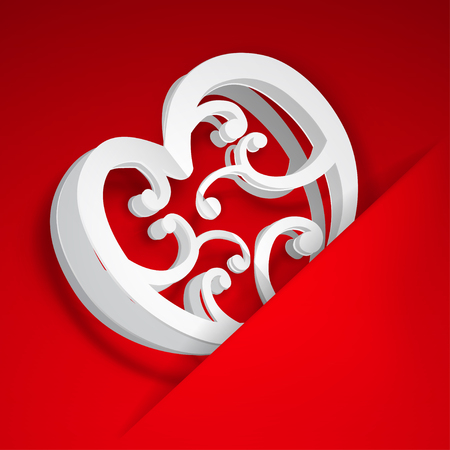 Big white heart with curls inserted into a cutout in a sheet of red paperのイラスト素材