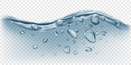 Translucent water wave in gray colors with air bubbles and drops, isolated on transparent background. Transparency only in vector fileのイラスト素材