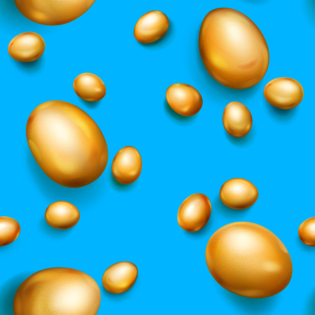 Seamless pattern of realistic golden Easter eggs with shadows on light blue backgroundのイラスト素材