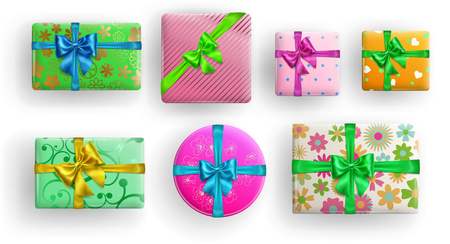 Set of realistic beautiful gift boxes with bows abd shadows on white backgroundのイラスト素材