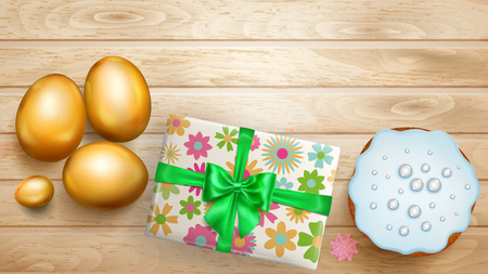 Realistic golden Easter eggs, tasty cake and beautiful gift box with bow on wooden planksのイラスト素材