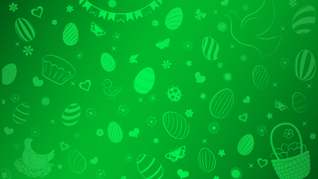 Background of eggs, flowers, cakes, hare, hen, chicken and other Easter symbols in green colorsのイラスト素材