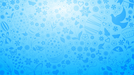 Background of eggs, flowers, cakes, hare, hen, chicken and other Easter symbols in light blue colorsのイラスト素材