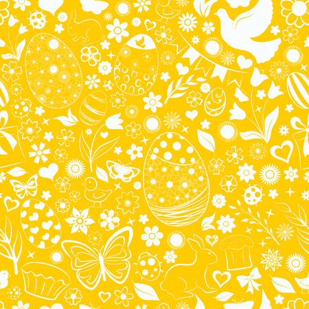 Seamless pattern of eggs, flowers, cakes, hare, hen, chicken and other Easter symbols, white on yellowのイラスト素材