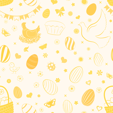 Seamless pattern of eggs, flowers, cakes, hare, hen, chicken and other Easter symbols in yellow colorsのイラスト素材