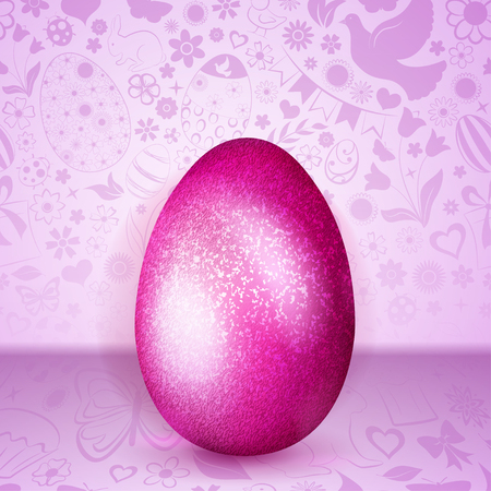 Big purple Easter egg standing on background of flowers, cakes, hare, chicken and other holiday symbolsのイラスト素材