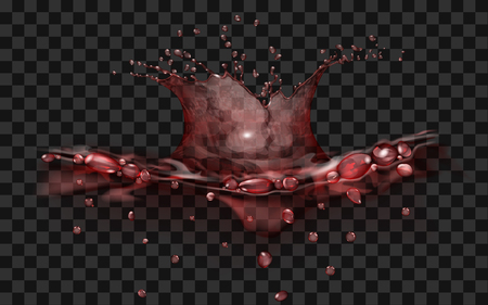 Translucent water surface with crown and drops from falling object. Splash in red colors, isolated on transparent backdrop.のイラスト素材